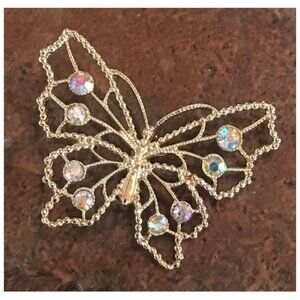 Butterfly Brooch Pink/Clear Stones Gold Metal
